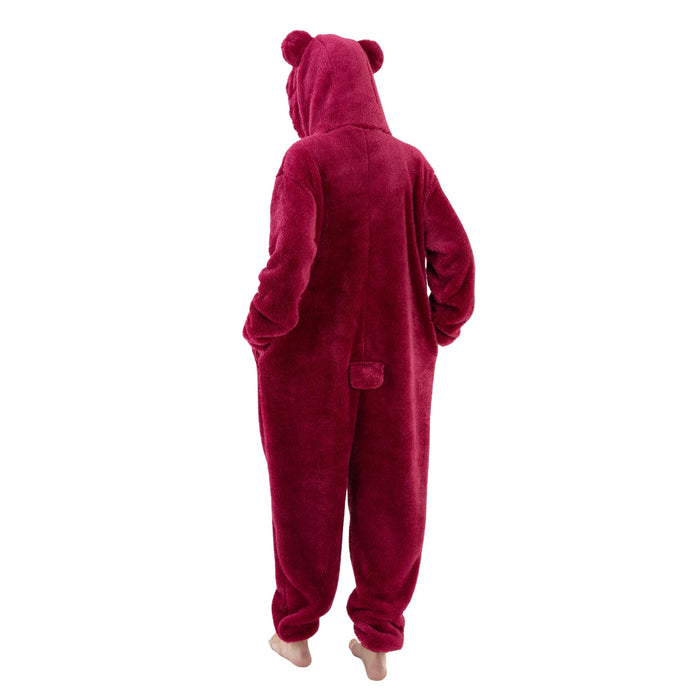 COSUSKET Snug Fit Unisex Adult Lotso Onesie Pajamas, Sherpa Cosplay Bear One Piece Halloween Costume Sleepwear Homewear