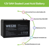 WEIZE 12V 9AH Battery, Sealed Lead Acid Battery with F2 Terminals, Rechargeable Replaces 12 Volt 8AH 10AH for Razor e200 / e200s / e225 / e300, APC UPS Computer Backup Power (BX1300LCD), 2 Pack