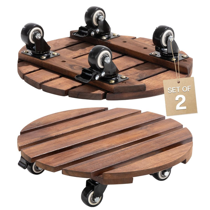 Idzo 2-Pack 14 Inch Acacia Wood Plant Caddy with Wheels – Heavy-Duty Plant Dolly with 264 Lbs Capacity, 360° Lockable Wheels for Large Plant Pots, Heavy Objects, Ideal for Indoor and Outdoor Use