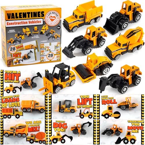 JOYIN 28 Pack Valentines Party Gift Cards with Mini Construction Vehicle Toy Set for Kids Valentine's Classroom Exchange Prizes