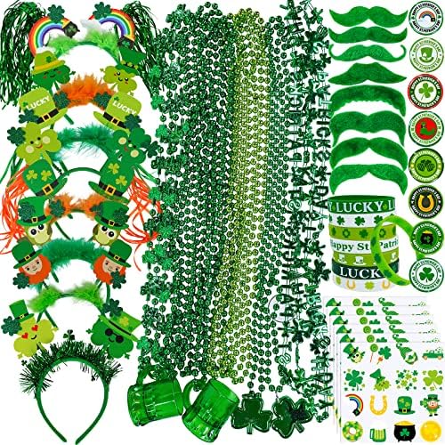 Winlyn 58 Pcs St. Patrick's Day Novelty Jewelry Assortment: Necklaces, Head Boppers, Bracelets, Mustaches, Tattoos & Accessories for St. Patty's Day Irish Party Decor
