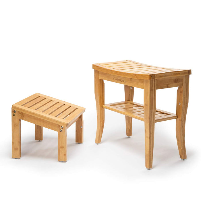 OasisSpace Bamboo Shower Bench with Underneath Storage Shelf, Wood Spa Bath Organizer Seat with Foot Stool, Perfect for Indoor or Outdoor