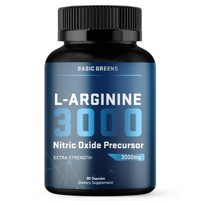 BASIC GREENS L Arginine 3,150mg (90 Capsules) L-Arginine Supplement for Men and Women with Nitric Oxide Precursor | L Arginine Supplement Pills for Men, Sport, Workout, Made in The USA