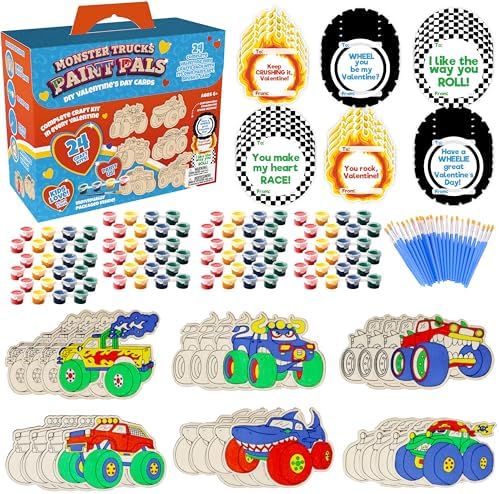 Kids Valentine's Day Cards - Monster Trucks Wood Painting Craft Kits (24ct)- Each Valentines Card Includes Craft w Paints, Brush, and Sticker- Make Classroom School Exchange Gifts Fun for Boys & Girls