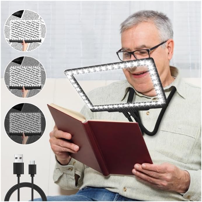 5X Hands Free Magnifying Glass with Light and Stand 43 Ultra-Bright LEDs, Page Magnifier for Reading, Neck Wear Large Magnifying Glass for Reading Small Prints Low Vision Elderly(Black)