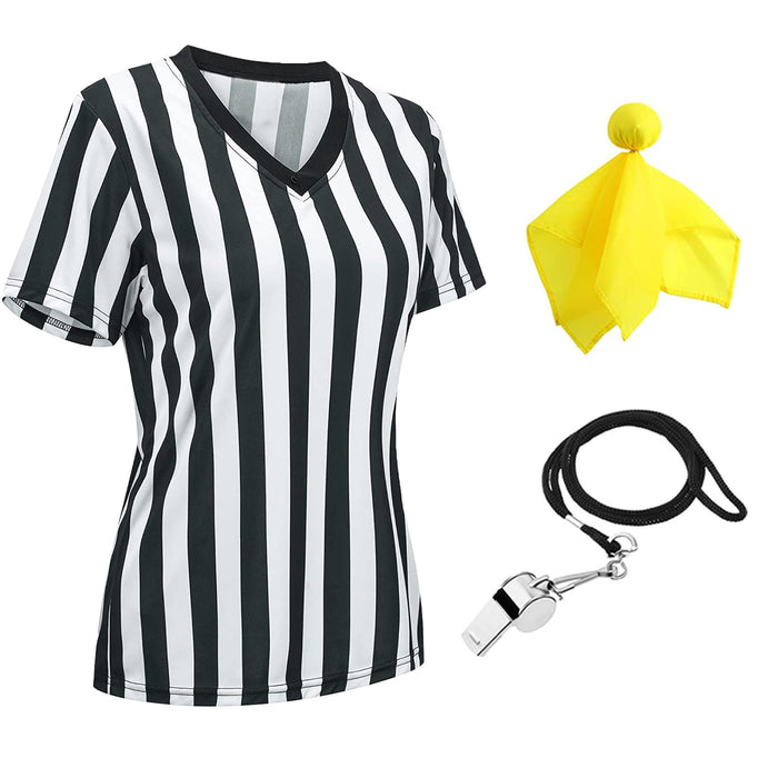 redgino Women's Referee Shirt Black & White Stripe Costume Short Sleeve Football Soccer Basketball Umpire Jersey Christmas M