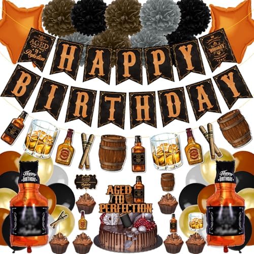 BORAMDO Whiskey Birthday Party Decorations for Men - Aged to Perfection Supplies including Birthday Banner, Cake Toppers, Foil Balloons, Tissue Paper Flowers (brown)