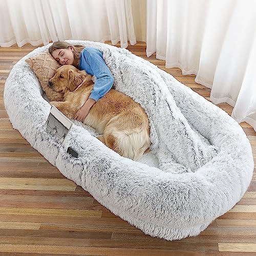 Human Dog Bed, 71"x45"x12" Dog Beds for Humans Size Fits You and Pets, Washable Faux Fur Human Dog Bed for People Doze Off, Napping Orthopedic Dog Bed, Present Plump Pillow, Blanket, Strap - Grey