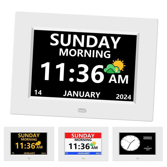 LXBYJKJ 7 Inch Digital Clock with Day and Date for Elderly Alzheimer's Dementia Clock Customizable Alarms and Medicine Reminders 3 Display Modes Large Font Digital Alarm Clock for Seniors White
