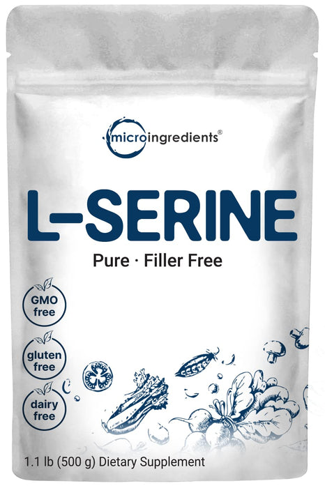 Pure L Serine Powder, 500 Grams (250 Day Supply), Filler Free, Supports Production of L-Cystine & L-Tryptophan for Brain Health, Water Soluble, No GMOs, No Gluten