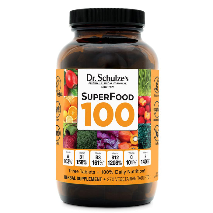 Dr. Schulze's | SuperFood 100 | Vitamin & Mineral Herbal Concentrate | Dietary Supplement | Daily Nutrition & Increased Energy | Gluten-Free & Non-GMO | Vegan & Organic | 270 Tabs | Packaging May Vary