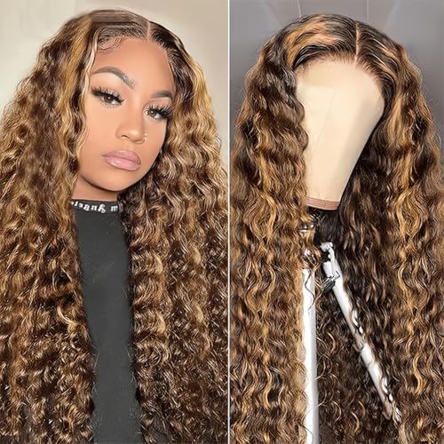NVL Ombre Highlight Deep Wave Lace Front Wigs Human Hair Glueless Wigs Pre Plucked with Baby Hair 13x4 HD Transparent Lace Frontal Wigs Human Hair 200% Density 4/27 Honey Blonde Deep Wave Wig 22 Inch