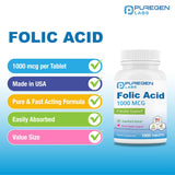 Puregen Labs Folic Acid 1000 mcg Tablets | Vitamin B9 | Non-GMO | Gluten Free | Made in USA | Value Size 1000 Tablets