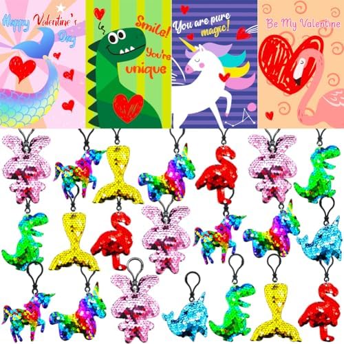 28 Packs Valentines Cards Flip Sequin Keychain, Glitter Mermaid Whale Shape Sequin Keychains for Kids Adults Valentine Classroom Exchange Prizes, Valentine Party Favor, Valentine's Day Schoolbag Decor