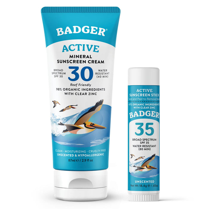 Badger Mineral Sunscreen Combo, SPF 30 Cream & SPF 35 Face Stick, Organic Reef Safe Broad Spectrum Water Resistant with Zinc Oxide, Unscented