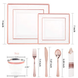 WELLIFE 350 PCS Rose Gold Square Plastic Plates, Disposable Rose Gold Dinnerware Set, Includes: 50 Dinner Plates10.25”, 50 Dessert Plates7.5”, 50 Cups 9 OZ, 50 Pre Rolled Napkins with Cutlery