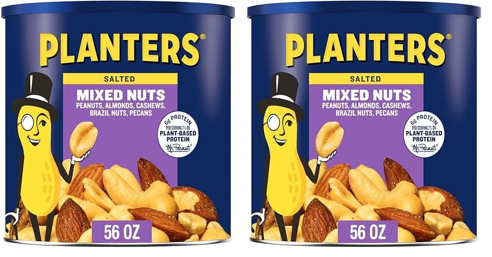 PLANTERS Salted Mixed Nuts, Party Snacks, Plant-Based Protein 56oz (1 Canister) (Pack of 2)