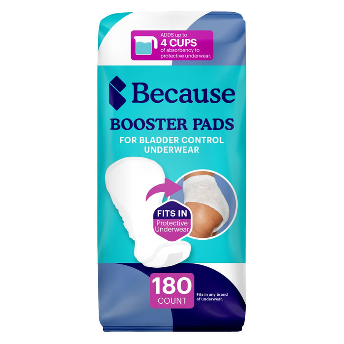 Because Premium Incontinence Booster Pads for Men and Women, Adds Extra Absorbency to Adult Diapers, Super Soft, Adhesive Strip Backing, Unisex, 180 Count (9 Packs of 20)