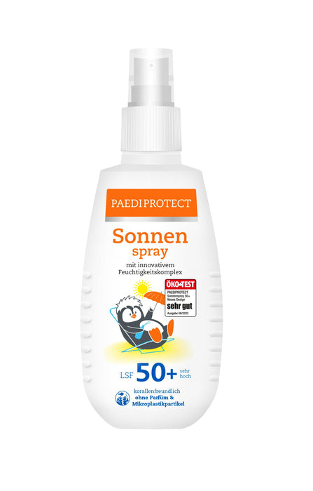 PAEDIPROTECT Sonnenspray Kinder Baby LSF 50+ 150 ml, Sonnencreme parfümfrei & wasserfestes Spray, Gesicht Körper, Sonnenschutzspray vor UVA/UVB-Strahlung, vegan, ohne Mikroplastik