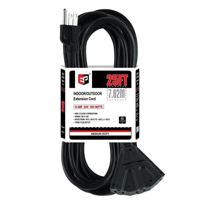 EP 25 Ft Outdoor Extension Cord with 3 Electrical Power Outlets - 16/3 SJTW Black Cable with 3 Prong Grounded Plug for Safety Great for Christmas Lights, Garden and Major Appliances