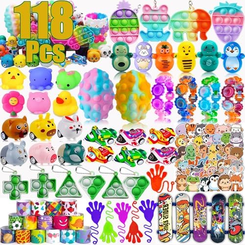 118 Pcs Party Favors for Kids, Pop Fidget Toys, Treasure Box Toys, Classroom Prizes, Pinata Filler Goodie Bag Stuffers, Treasure Chest, Carnival Prize Box Toys for Boys Girls 4-8-12