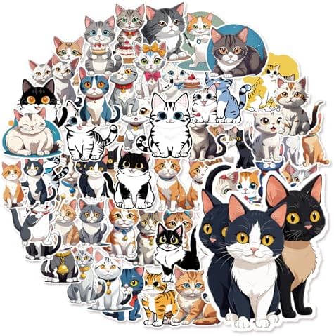 Cute Cat Stickers for Water Bottles: 50Pcs Waterproof Vinyl Kawaii Stickers, Cartoon Cat Sticker Funny Kitty Decal Aesthetic Stickers for Laptops, Phone,Bicycle, Kids Teens Birthday