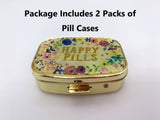 AmyZone Metal Pill Organizer Travel Friendly Portable Compact Pill Box Cute Pill Case to Hold Vitamins/Tylenol/Fish Oil/Supplements/Meds/Tablet for Purse/Pocket(Happy Pills 2 pcs with Mirror Inside)