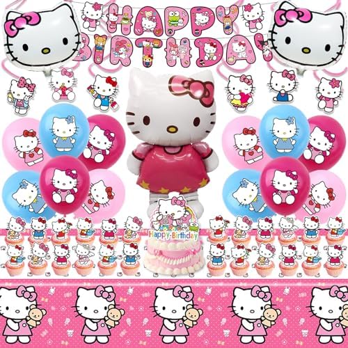 Kitty Birthday Party Supplies, Party Decorations Set Include Banner, Balloons, Hanging Swirls, Cake Cupcake Toppers, Tablecloth for Girls Kitty Theme Party