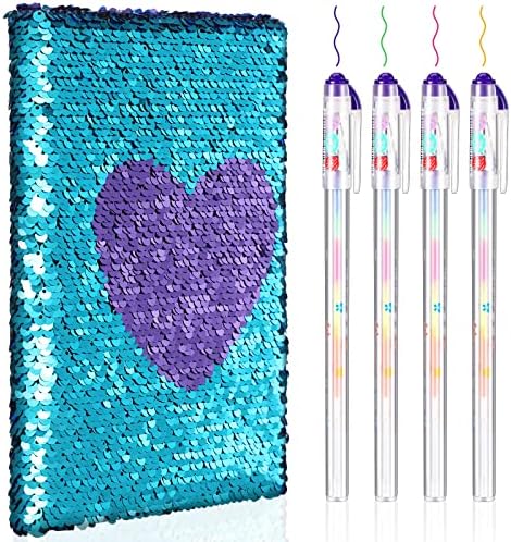 Outus Sequin Girls Journal Set with 4 Pieces Color Gel Ink Pens Reversible Diary Flip Sequin Notebook Glitter Writing Journal for Girls Teens Valentine's Day Gifts(Blue Purple,Heart)