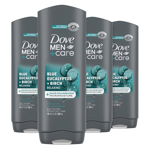 DOVE MEN + CARE Mens Body Wash Blue Eucalyptus and Birch 4 Count Dry Skin Body Wash with Micromoisture, Effectively Washes Away Bacteria While Nourishing Your Skin, 18 oz