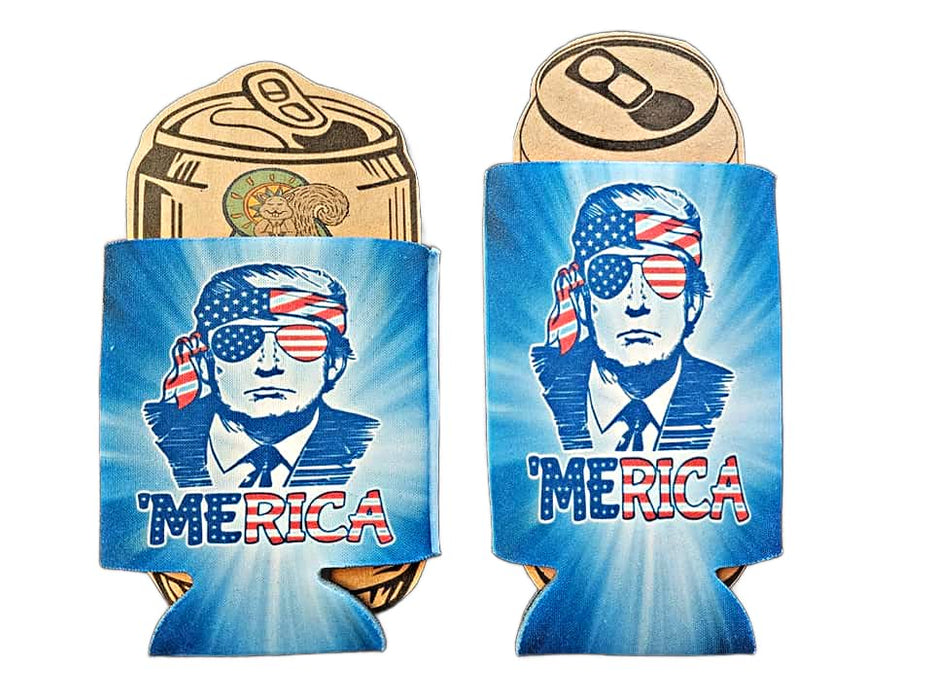 Trump MAGA Republican Coozie Merica' Great Again Fourth of July Donald Patriotic Drink Can Cooler Beer Insulator Bandana Sunglasses Red White and Blue TRUMPFLAGGLASSES (Slim Can)