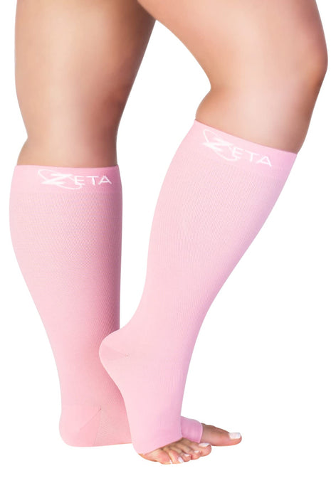 Zeta Wear Plus Size Open Toe Leg Sleeve Support Socks - Wide Calf Compression Open Toe Socks Men and Women Amazing Fit, Travel, Flight Socks, Compression & Soothing Relief, 1 Pair, Size 2XL, Pink