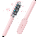 Wavytalk Ionic Hair Straightener Brush, Hair Straightening Comb with Negative Ions, Anti-Scald Ceramic Flat Iron Comb Fast Heating for Home Salon, Dual Voltage Pink.