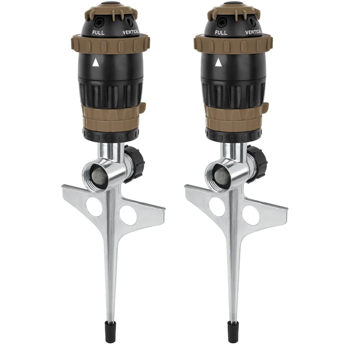 [2 Pack] RESTMO Gear Drive Sprinkler with Metal Spike Base, 5-Pattern Heavy Duty Gardening Watering System, Multi-Adjustable Lawn Sprinkle for Garden Plant, Flower Bed and Large Yard Area, Brown