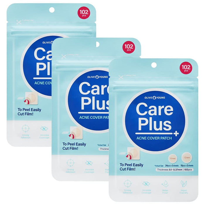 OLIVE YOUNG Care Plus Spot Patch 3 Pack | Hydrocolloid Acne Korean Spot Patch to Cover Zits, Pimples and Blemishes, for Troubled Skin and Face (204 Count - 10mm*144ea + 12mm*60ea)