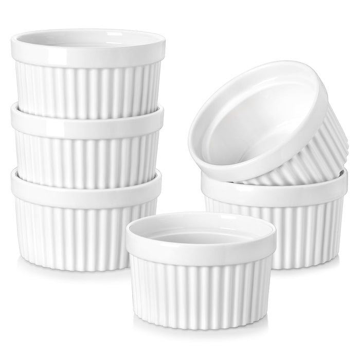 MALACASA Ramekins 10 oz Oven Safe, Porcelain Creme Brulee Ramekins Pudding Custard Cups Large Ceramic Souffle Dishes Ramakan Ramiken Ramicans Baking Bowls Set of 6, White, Series RAMEKIN-DISH