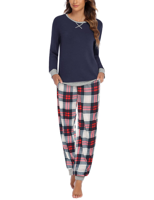 Ekouaer Pajamas Women’s Long Sleeve Sleepwear Christmas Plaid Lounge Sets Winter Pjs With Pockets Blue Plaid,Small