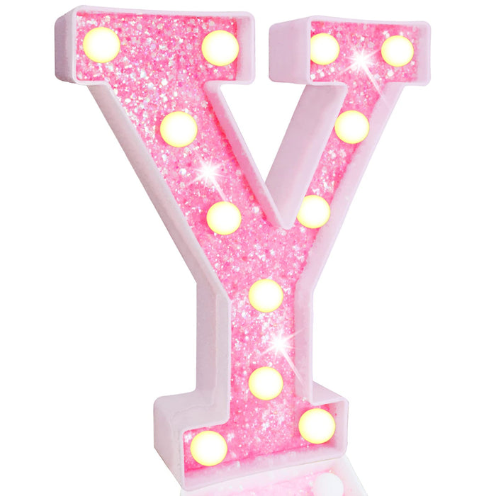 Pooqla LED Marquee Letter Lights, Light Up Pink Letters Glitter Alphabet Letter Sign Battery Powered for Night Light Birthday Party Wedding Girls Gifts Home Bar Christmas Decoration, Pink Letter Y