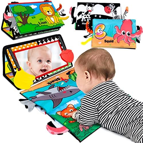 Baby Toys 0-6 Months - Tummy Time Mirror Toys with Cloth Books & Teethers - Montessori Infant Toys for Babies 0 3 6 9 Months - High Contrast Newborn Sensory Toy for Boys Girls Baby Gift