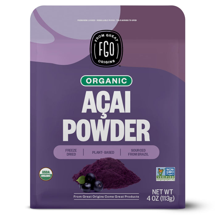 FGO Organic Acai Powder, 4oz Resealable Pouch, Freeze Dried Superfood Berry from Brazil, No Sugar & Additives,Great for Drinks, Smoothie, & Beverages, Non-GMO (Pack of 1)