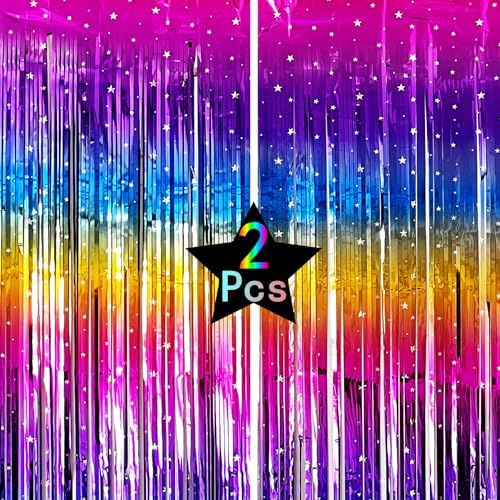 Sparkling Neon Rainbow Foil Fringe Curtain Backdrop Metallic Streamers Photo Booth Props for Birthday Bachelorette Gay Pride Day Graduation Wedding 80s 90s Disco Party Decorations- 2 Packs (3.3x6.6Ft)