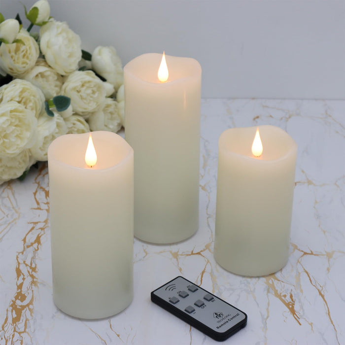 TECHLONG 3 Pack Flickering Flameless Candles Battery Operated with Timer, 3D Moving Flame Last 1000+ Hours, Ivory Real Wax Electric LED Pillar Candle for Wedding Christmas Decorations