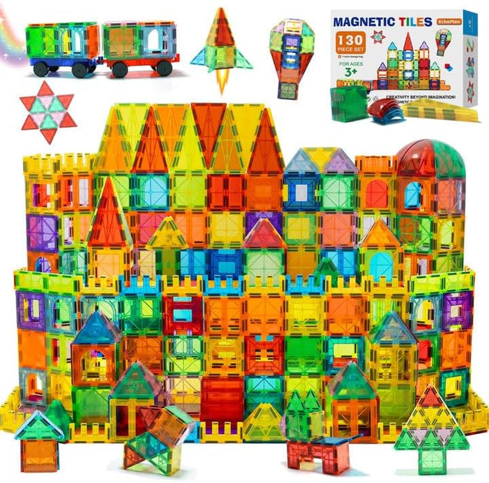 EchoPlan Magnetic Tiles, 130PCS Magnetic Blocks with 2 Cars, Magnet Tiles 3D Clear Building Blocks Set, STEM Sensory Educational Toys Gift for Toddlers Kids Boys 3 4 5 6 7 8 9+ Year Old