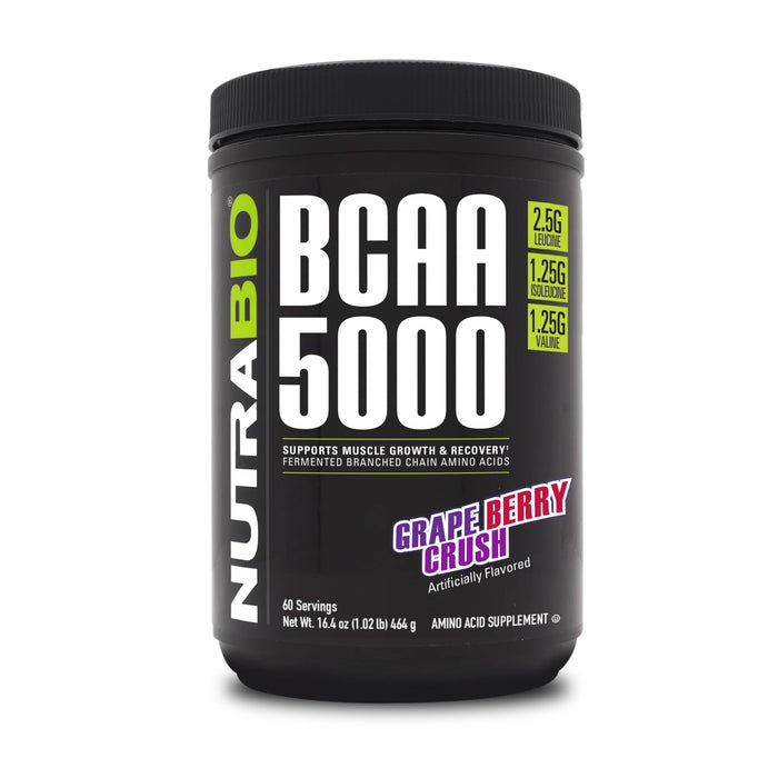 NutraBio BCAA 5000 Powder - Vegan Fermented BCAAs - Supports Lean Muscle Growth, Recovery, Endurance - Zero Fat, Sugar, and Carbs - 60 Servings - Grape Berry Crush