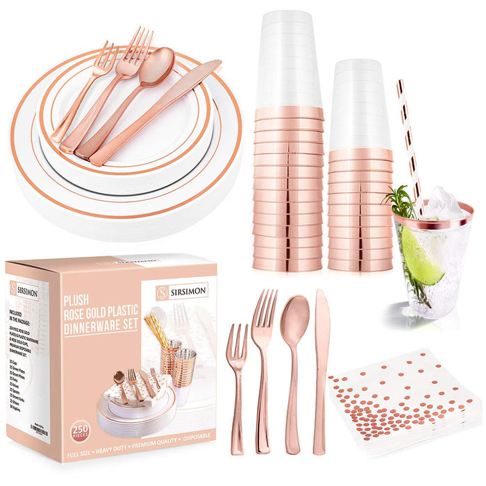 SIRSIMON 250 Piece Disposable Rose Gold Plastic Dinnerware Set - 50 Rose Gold Plastic Plates - 25 Rose Gold Plastic Silverware - 25 RoseGold Cups and Straws - 50 Fancy Napkins, Wedding or Party of 25