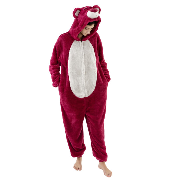 COSUSKET Snug Fit Unisex Adult Lotso Onesie Pajamas, Sherpa Cosplay Bear One Piece Halloween Costume Sleepwear Homewear