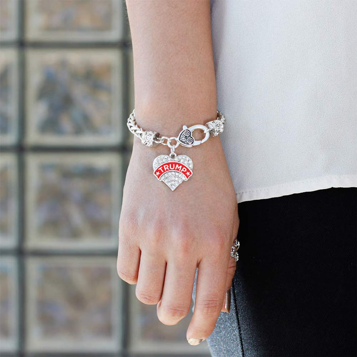 Inspired Silver - Trump Supporter Braided Bracelet for Women - Silver Pave Heart Charm Bracelet with Cubic Zirconia Jewelry