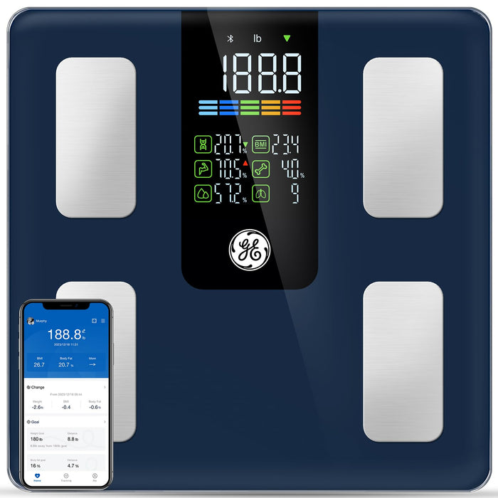 GE Scale for Body Weight Smart: Digital Bathroom Body Fat Scales for BMI Muscle Bluetooth Body Composition Monitor 11.8" Large Platform Accurate Weighing Machine Health Analyzer with App 500lbs