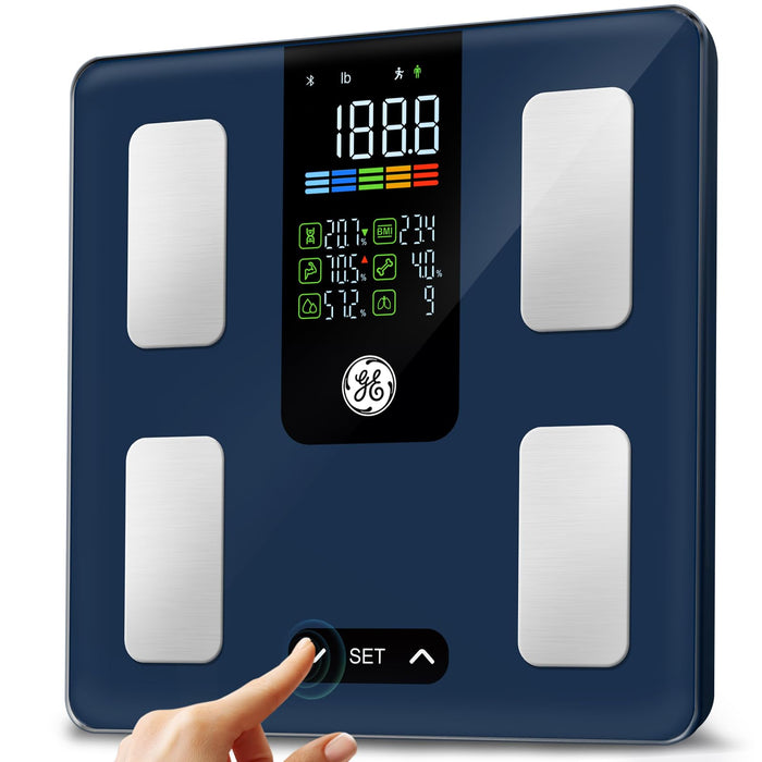 GE Smart Scale for Body Fat: Weight Scales with BMI Muscle Mass Button Function 500lbs Digital Bathroom Scales Body Composition Monitor 11.8" Platform Accurate Weighing Health Analyzer