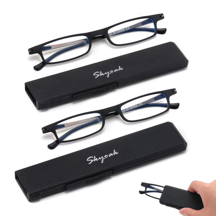 2 Pack Ultra Thin Lightweight Folding Reading Glasses Women Men TR90 Blue Light Blocking Anti UV/Eyestrain Foldable Compact Computer Readers Portable Unique Stretchable Slim Flat case Black +3.0